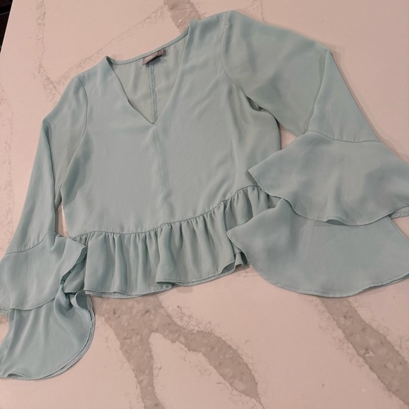ASOS Elegant Long Ruffle Sleeve V-Neck Blouse Womens 4 Light Minty Blue Romantic - Picture 2 of 6